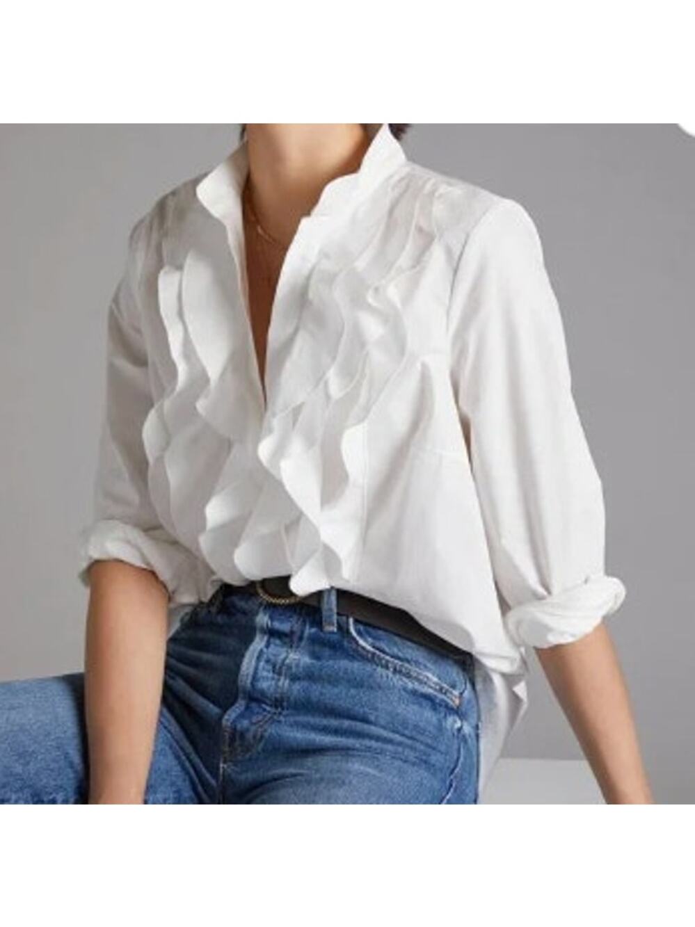 Mare Mare x Anthropologie White Ruffle Front V-Neck Button Down Blouse Size XS